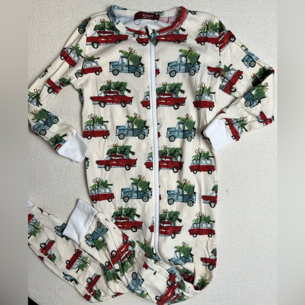 Milkbarn Holiday PJ | Organic Cotton Zipper Pajama in Christmas Truck Print 2-3y